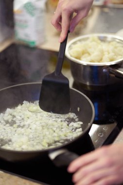 Bir tabakta kızarmış soğan.