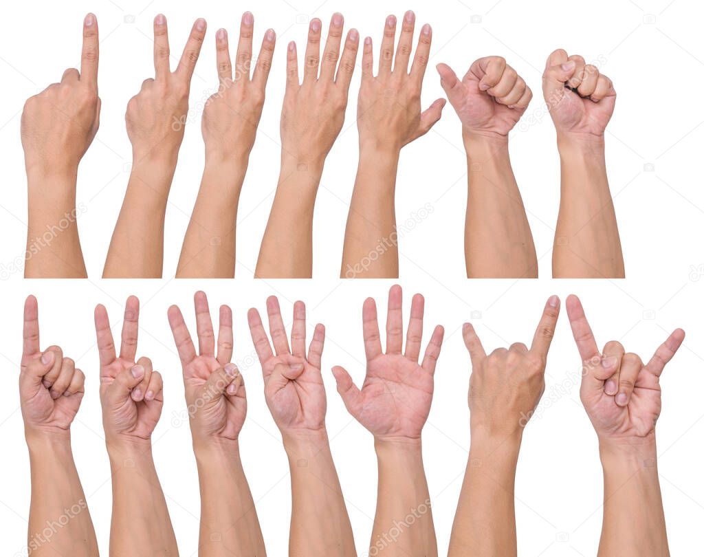 The left hand gesture of a white person isolated on a white background, set of multiple images, clipping path.