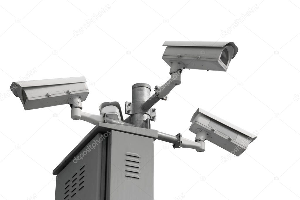 4 CCTV in public areas, Isolated on white background, Clipping path.