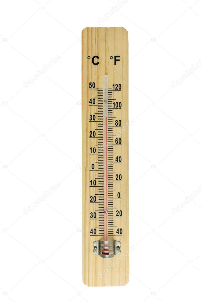 Wooden celsius and fahrenheit scale thermometer for measuring air temperature. Thermometer isolated on white background. Air temperature plus 32 degrees celsius.  With clipping path.