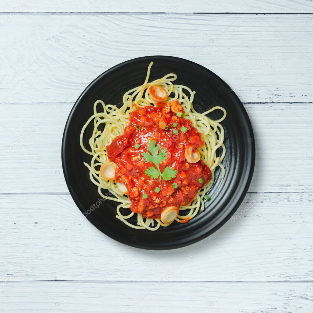 Spaghetti bolognese pasta with tomato sauce and minced.