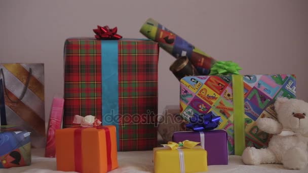 Panorama of the Christmas holidays gifts — Stock Video