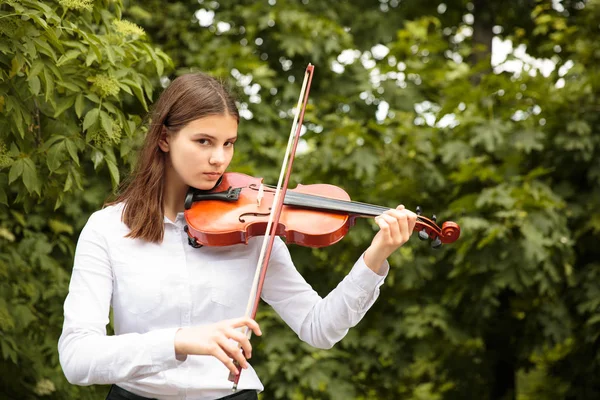 Девушка со скрипкой на открытом воздухе — стоковое фото