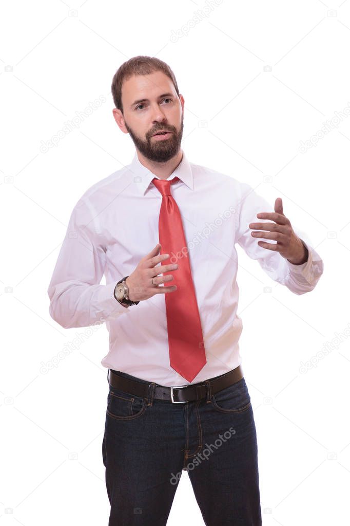 Serious man appeals to somebody on white background