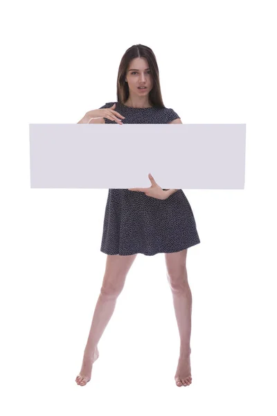 Barefoot girl posing with billboard isolated on white background — Stock Photo, Image