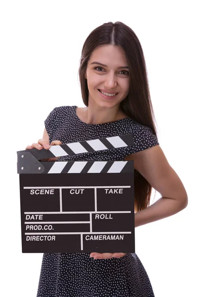 Attraktiv ung flicka håller filmklappa — Stockfoto