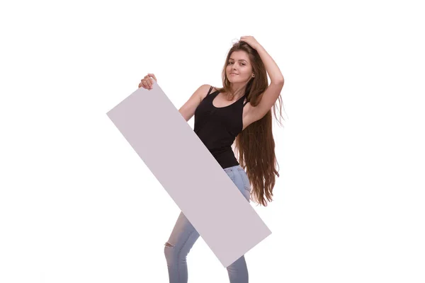 Young woman posing with big nameplate or empty blank isolated on white background — Stock Photo, Image