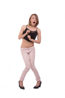 Mutlu bir kadın beyaz arka plan üzerinde izole heyecanlı