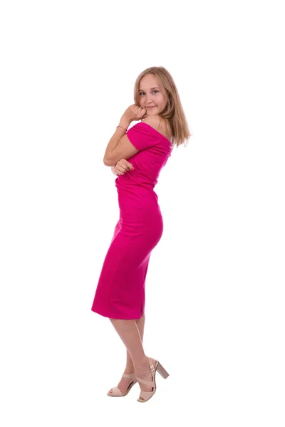 Sen sexy mladá dáma v růžových šatech na bílém pozadí — Stock fotografie