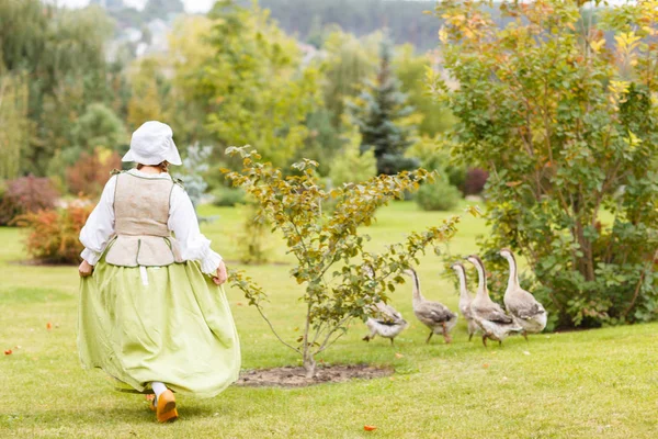 Bir köylü kadın bir kaz grazes. Arkadan Görünüm