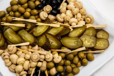 Turşu bir büfe masaya bir tabak. Marine mantar, tuzlu salatalık, zeytin, fasulye hardal seçimi