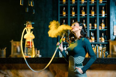 Barın arkasında bir nargile sigara genç kadın. Bir duman bulutu. Nargile genç kadının Güzellik Portresi