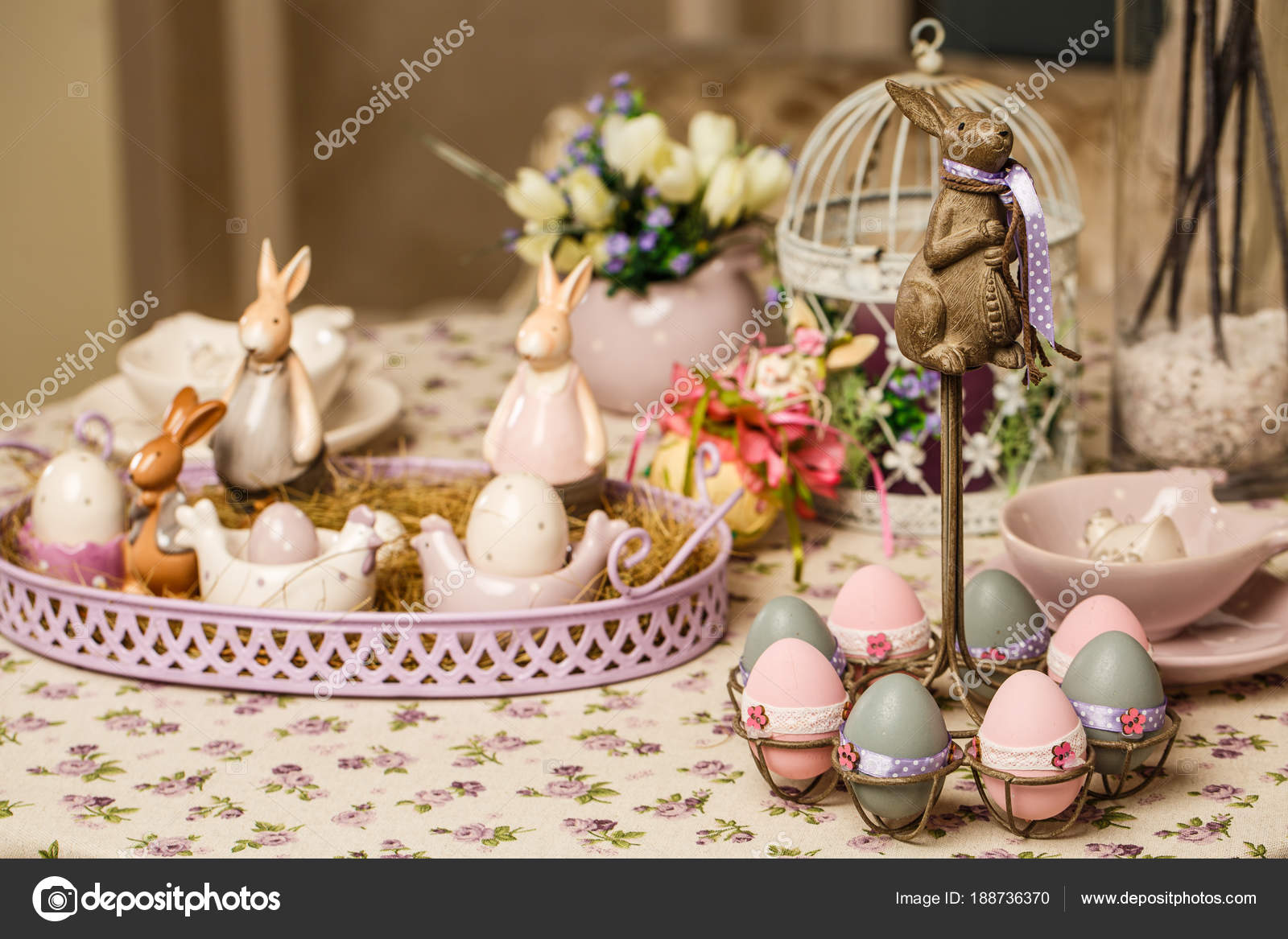 Beautiful Easter Pastel Decorations With Table Setting Porcelain