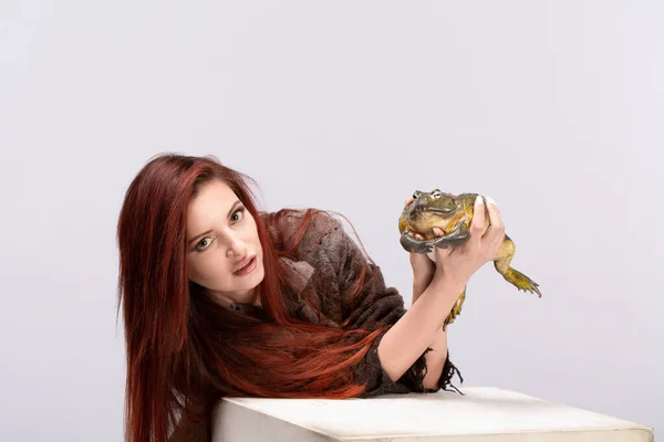 Księżniczka i żaba. ładna ruda kobieta z dużą żabą w ręku — Zdjęcie stockowe