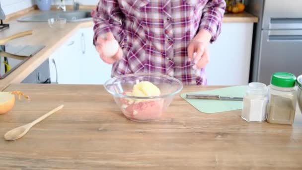 Домохозяйка добавляет в миску с рубленым мясом, а затем яйцо, лук и соль . — стоковое видео