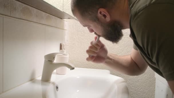 Bearded Man Bathroom Brushes His Teeth — Stock Video