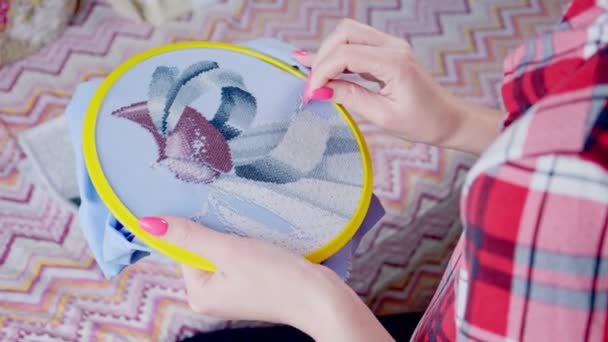 女は輪になって絵を刺繍している ホームクラフト4K — ストック動画