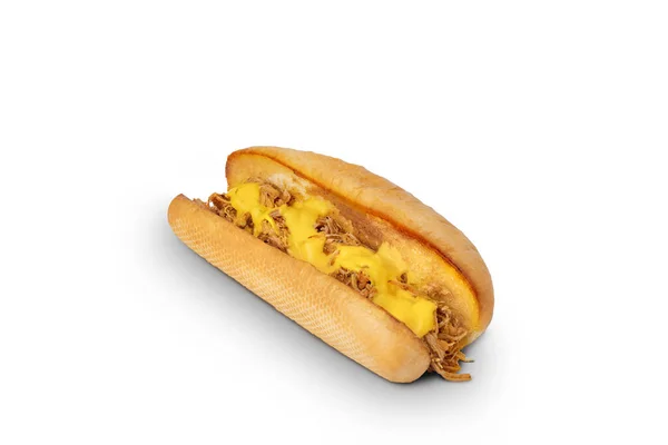 Hot Dog Roll Avec Viande Hachée Fromage Fondu Isolé Ombre — Photo