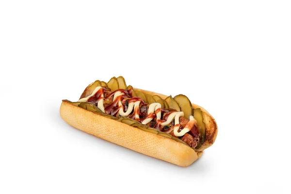 Fast Food Hot Dog Τουρσί Μαγιονέζα Και Μουστάρδα Απομονωμένη Σκιά — Φωτογραφία Αρχείου
