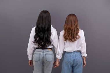 İki kadının arka görüntüsü. Dikiz aynası insan koleksiyonu. Kişinin arkadan görünüşü. Güzel bayan arkadaşlar. Gri arkaplan üzerinde arka görünüm.