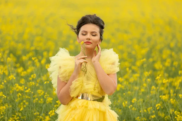 Retrato Menina Adolescente Morena Romântica Vestindo Vestido Amarelo Posando Campo — Fotografia de Stock