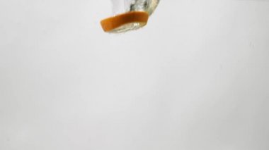 Yavaşça Düşen Turunçgil dilimlerini beyaz arka planda suya çevirin. 4K. limon, portakal, limon