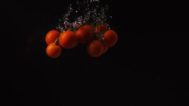 Tomatoes Fall Water Black Background Slow Motion — Stock Video