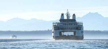 Washington State Ferry and Olympic Mountains clipart