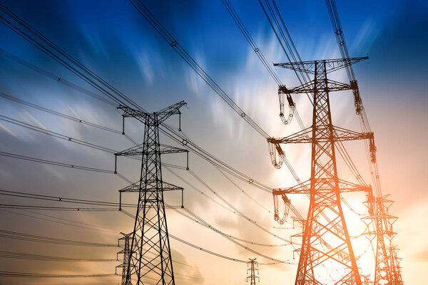 high voltage post.High-voltage tower sky background.