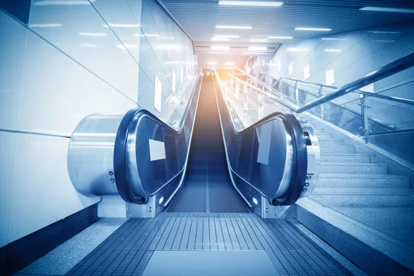 Perspective Two Empty Escalators Illuminated Sides — Stock Photo, Image