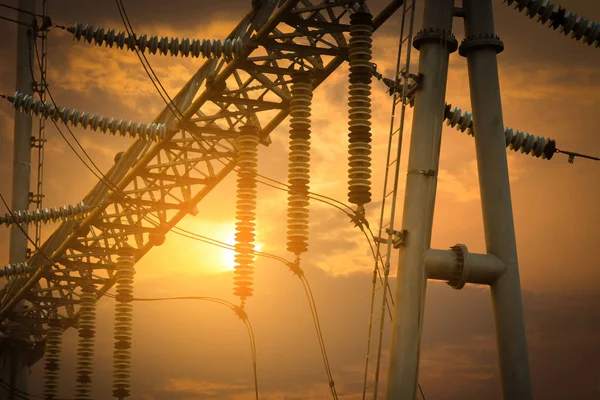 High Voltage Lines Sunset — Stockfoto