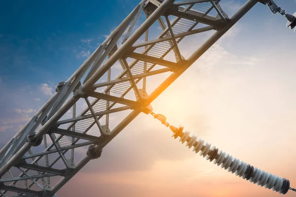 Distributie Elektrisch Onderstation Met Hoogspanningsleidingen Transformatoren Bij Zonsondergang — Stockfoto