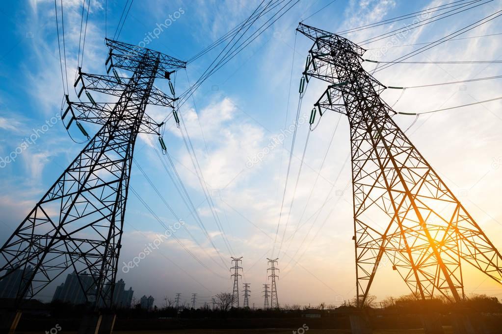 high voltage post.High-voltage tower sky background.