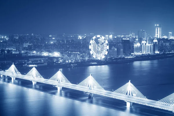 Asiens Größte Brücke Über Die Flüsse Shanghai Markiert Nachts Eine — Stockfoto