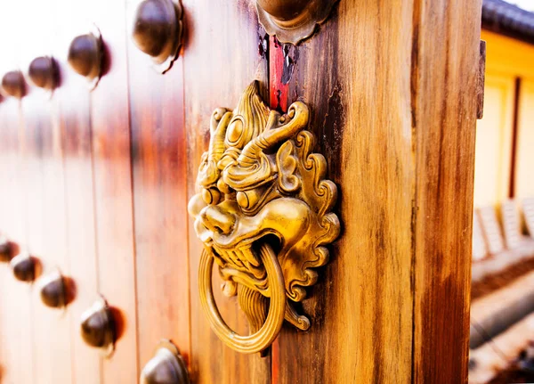 Old Lion Chinese Door Brown Wood — Stock Photo, Image