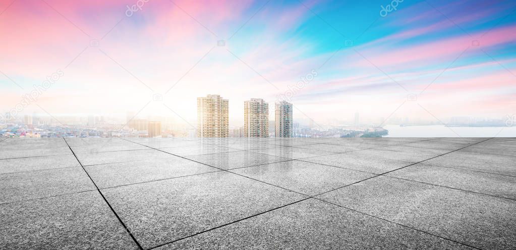 cityscape and skyline of NanChang in cloud sky on view from empty floor