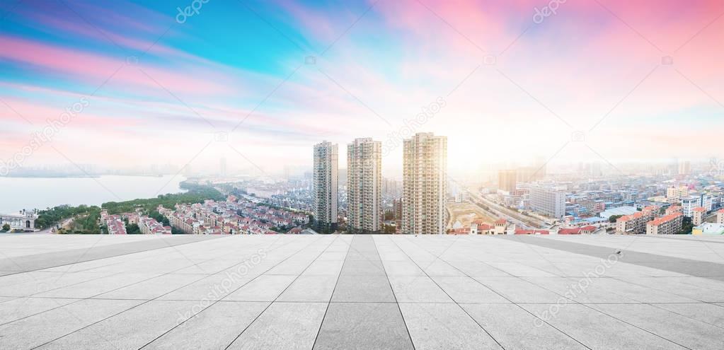 cityscape and skyline of NanChang in cloud sky on view from empty floor