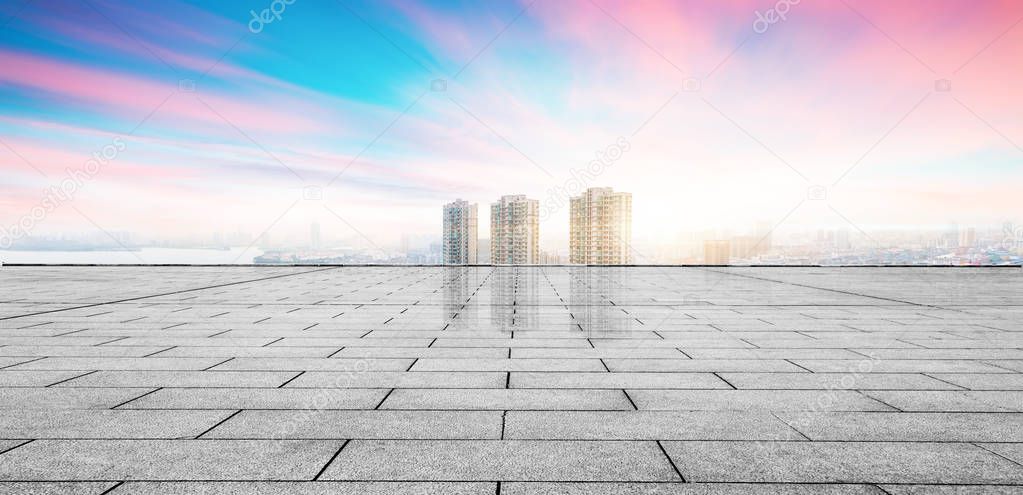 cityscape and skyline of NanChang in cloud sky on view from empty floor