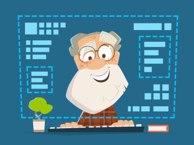 Old man sitting front computer monitor Online education clipart
