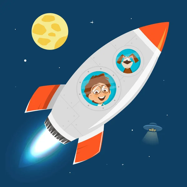 Niño niño niño y cohete en el espacio — Vector de stock