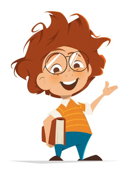 Niño de escuela con libro y gafas apuntando de la mano — Vector de stock