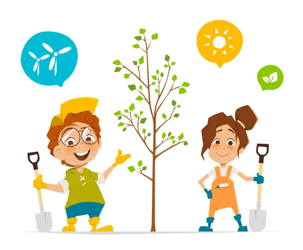 Dos niños niño y niña plantando un árbol — Vector de stock