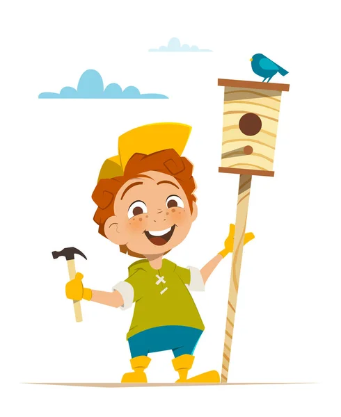 Boy and nesting box with bird — Stock Vector