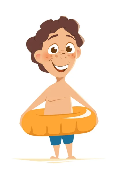 Boldog mosollyal fiú gyermek gyerek állandó sárga úszni gyűrűvel — Stock Vector