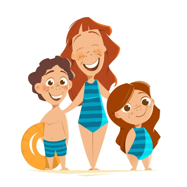 Madre feliz con sus hijos en vacaciones de verano — Archivo Imágenes Vectoriales