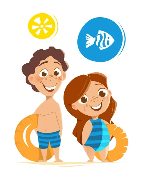 Two happy smile healthy kids childs boy girl summer vacation — Stock Vector