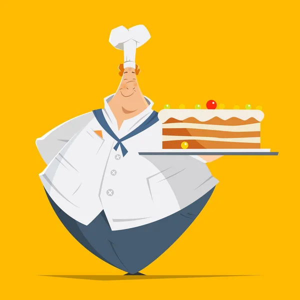 Tlustý muž pekař cukrář drží tác velký dort — Stockový vektor