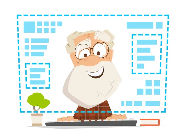 Vanha mies istuu edessä tietokone monitori Online koulutus — vektorikuva