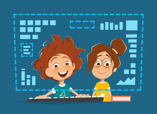 Two kids child sitting front computer monitor Online education — Stock Vector