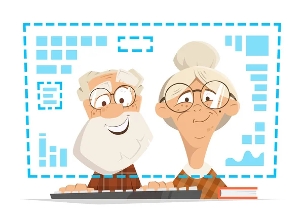 Anciano hombre mujer sentado ordenador monitor en línea personas educación — Vector de stock